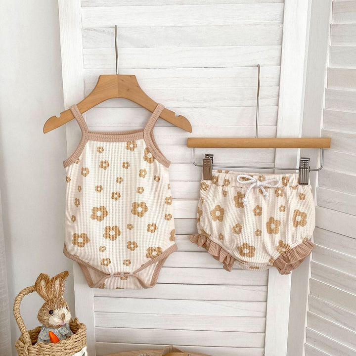 Baby flower waffle sling romper&bubble short 2pcs set