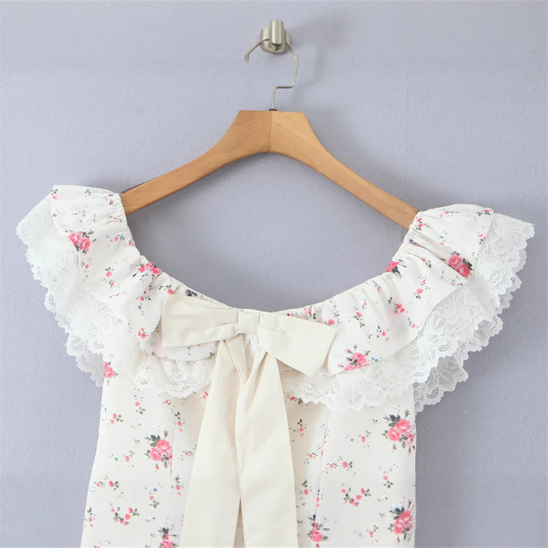 French sweet one shoulder bow floral lace waist dress
