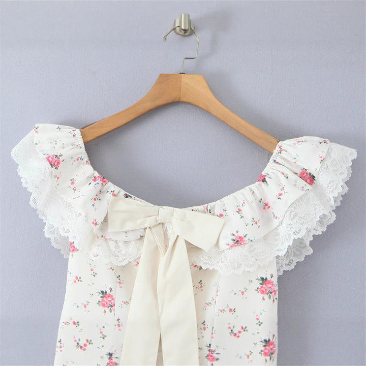 French sweet one shoulder bow floral lace waist dress