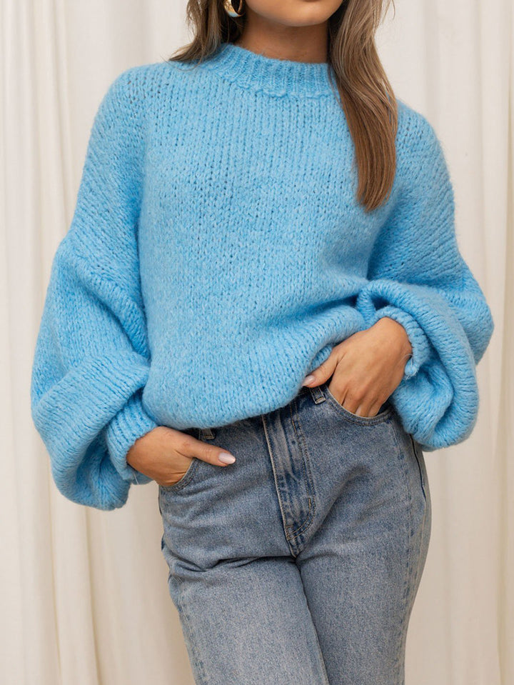 Solid color round neck Chunky Knit Sweater for women