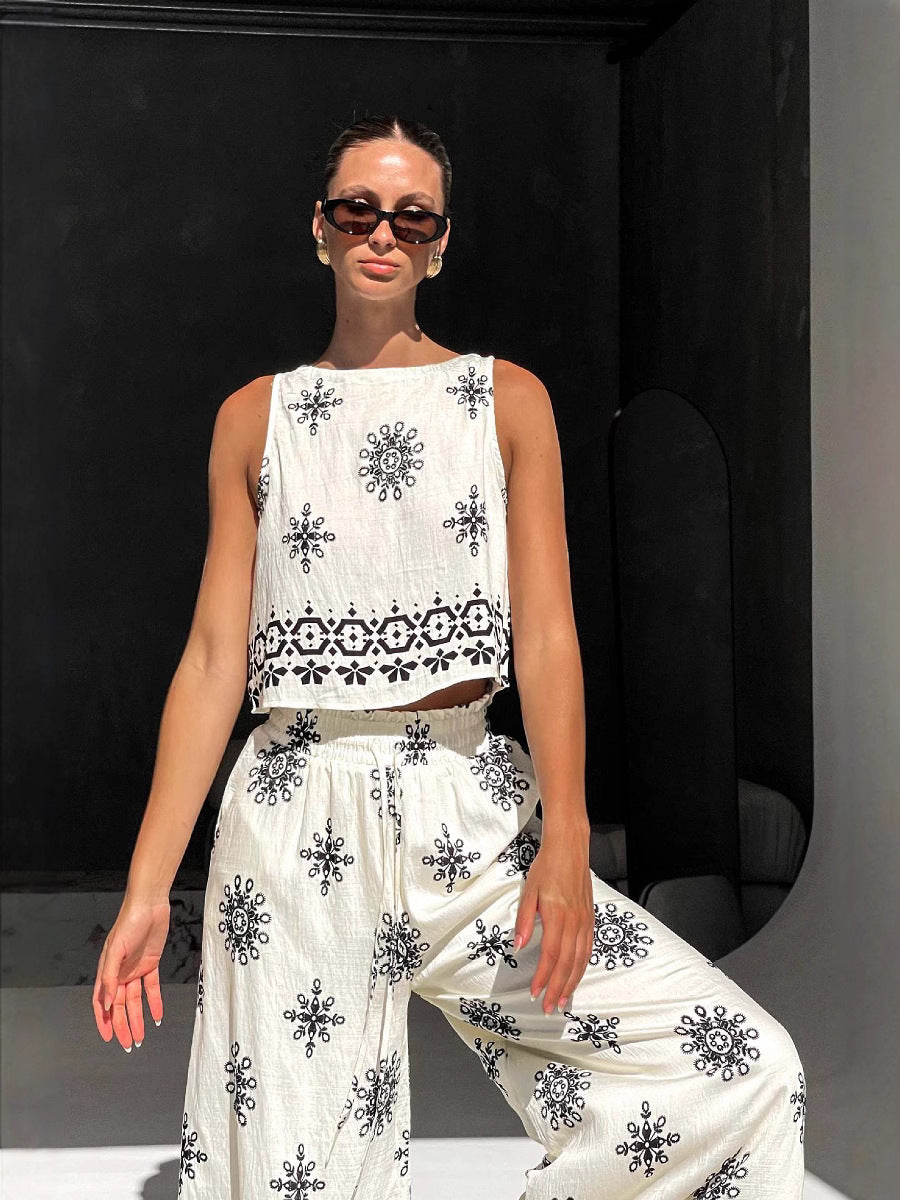 Boho Linen tank top&Wide Leg Pants Set