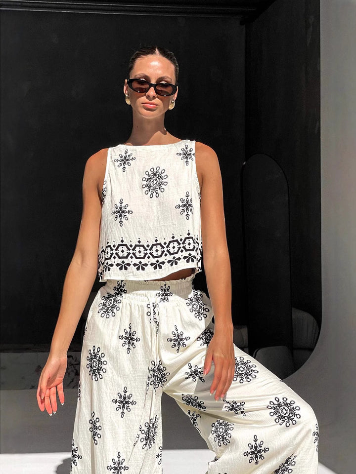 Boho Linen tank top&Wide Leg Pants Set