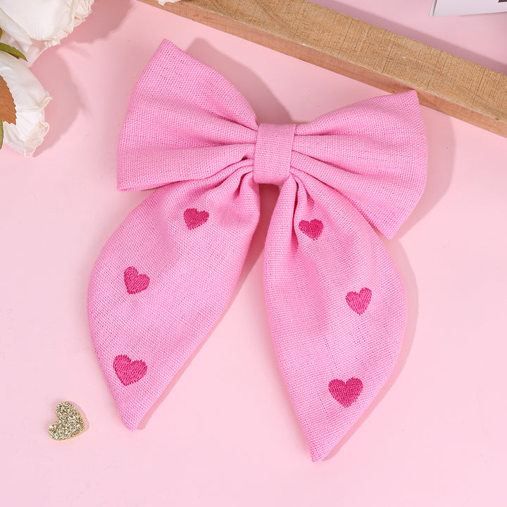 Valentine's Day Pink heart embroidered bow hair clip