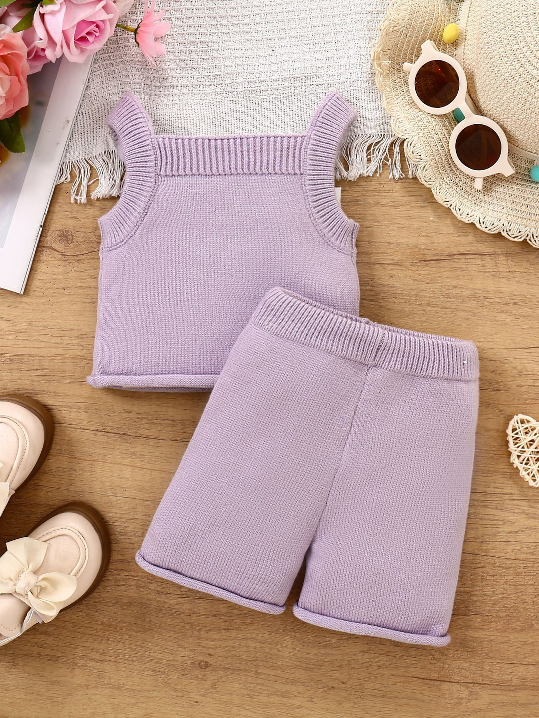 Baby girls sweet floral embroidered knitted top&shorts set