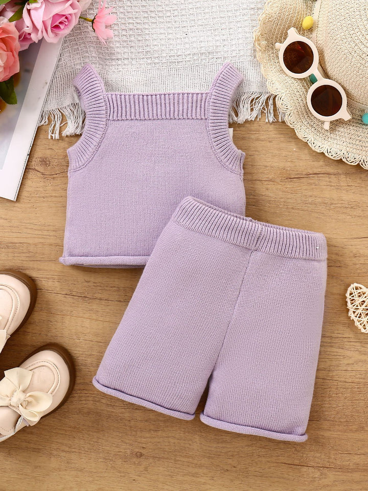 Baby girls sweet floral embroidered knitted top&shorts set