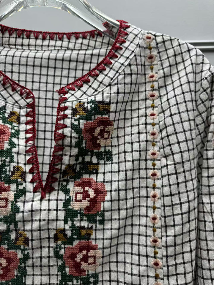 Exquisite floral embroidery V-neck plaid shirt