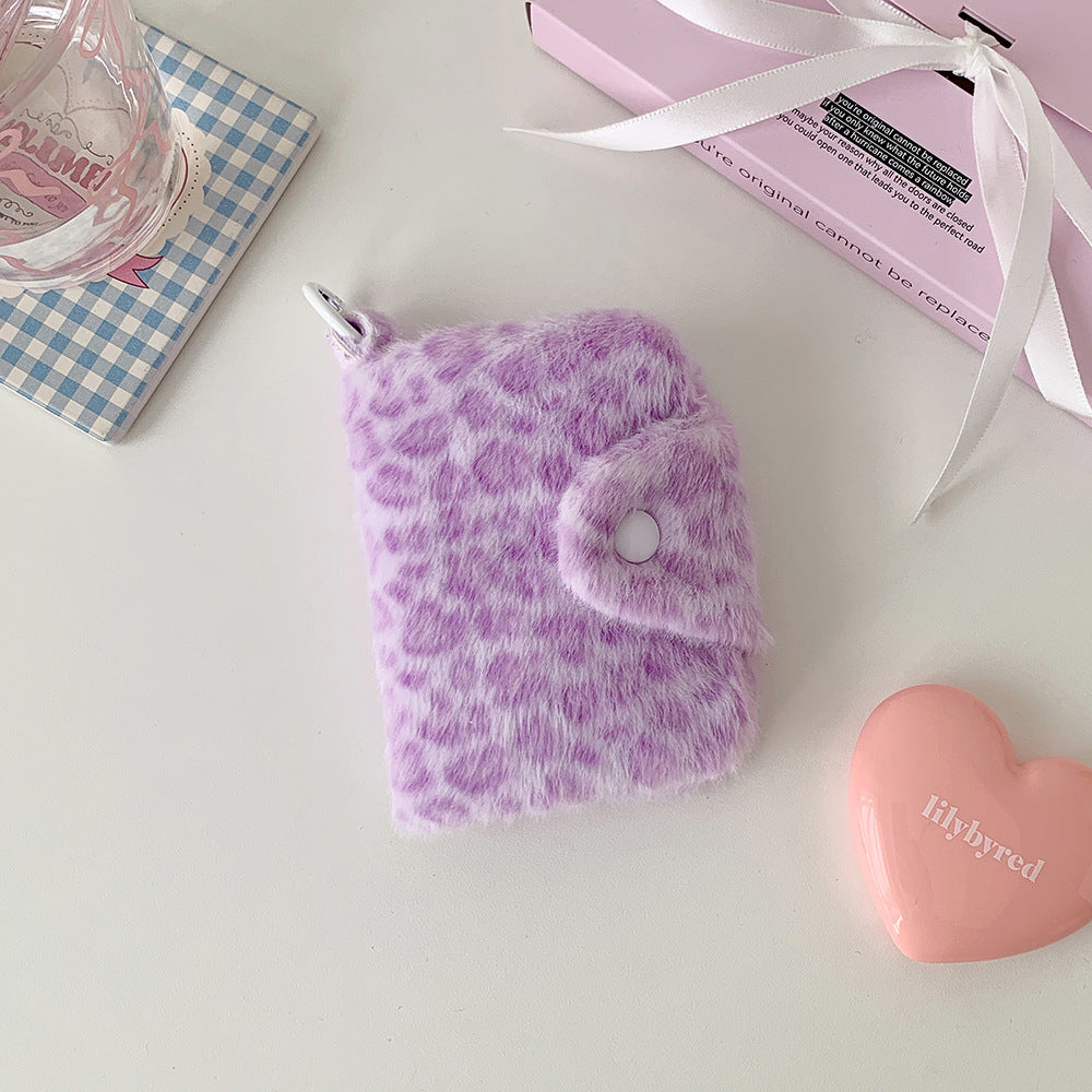 Fluffy leopard small wallet with snap closure for girls