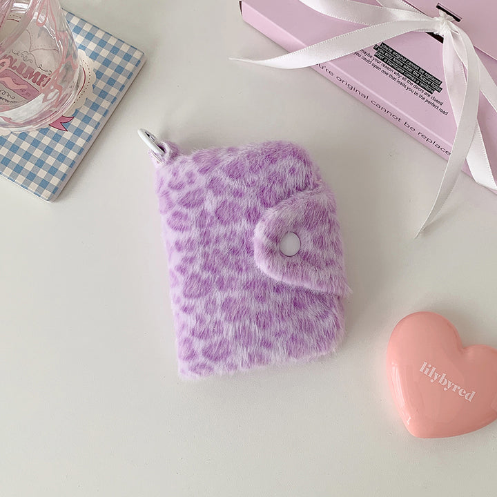 Fluffy leopard small wallet with snap closure for girls