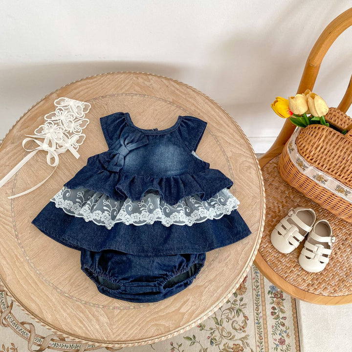 Baby denim lace splicing top&bubble short 2pcs set