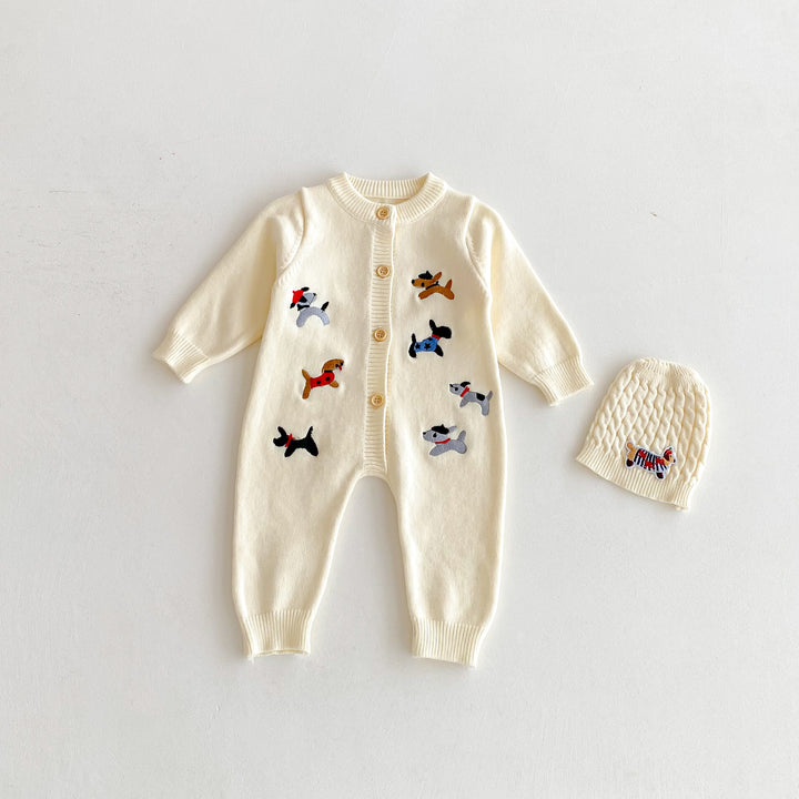 Baby puppy embroidered knitted warm romper