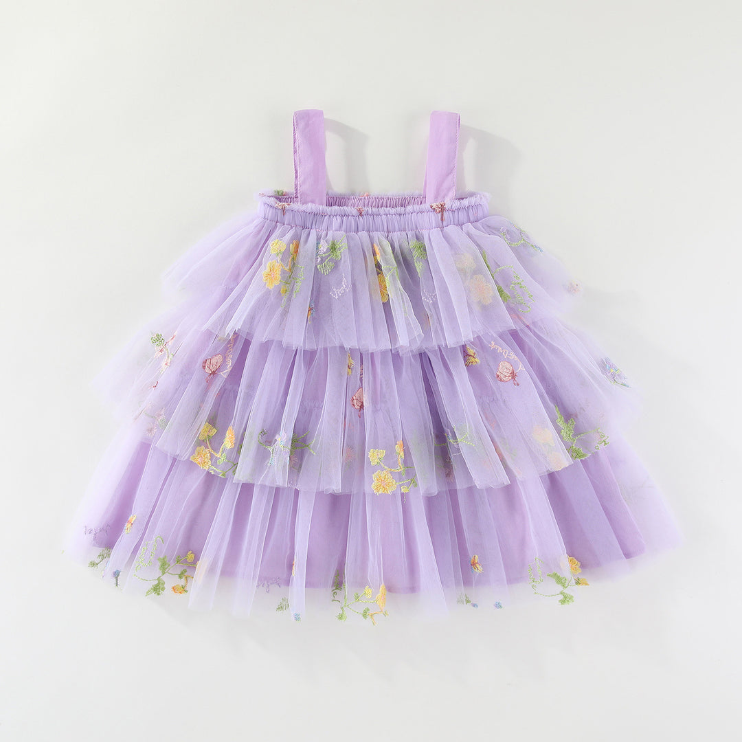 Summer flower embroidered mesh multi-layered tulle dress