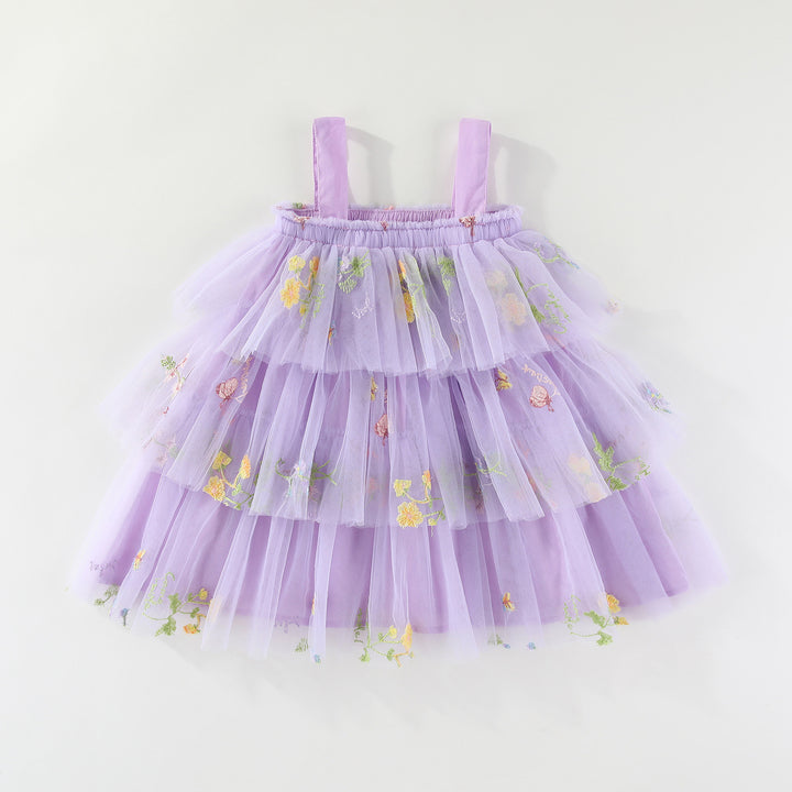Summer flower embroidered mesh multi-layered tulle dress
