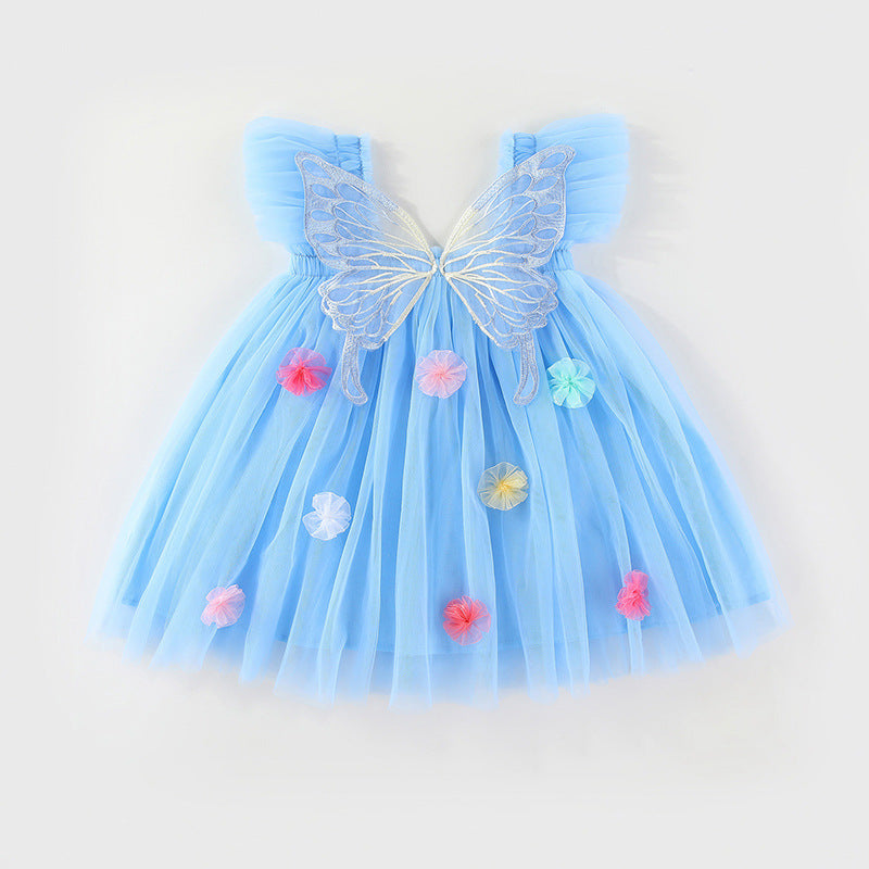 Girls'3D butterfly wings&flowers suspender mesh dress