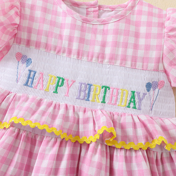 Bow tie Birthday embroidery cake dress with puff sleeves