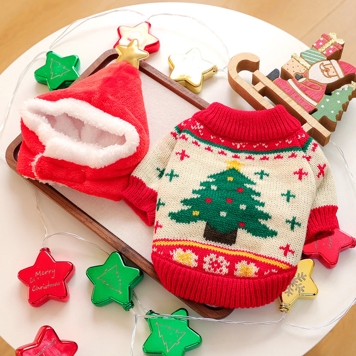 Puppy&Kitten Christmas Sweater&hat 2pcs set pet clothes