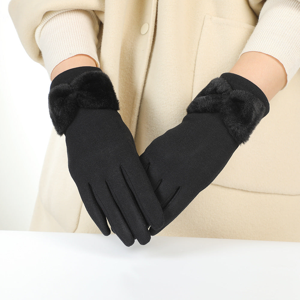 Women's winter gloves fleece-lined bow gloves