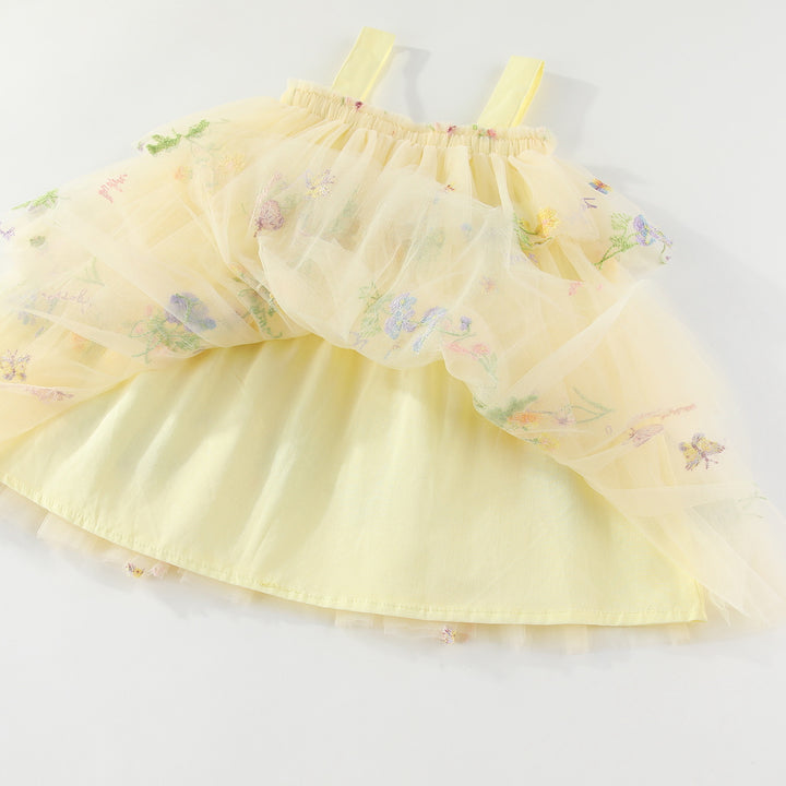 Summer flower embroidered mesh multi-layered tulle dress