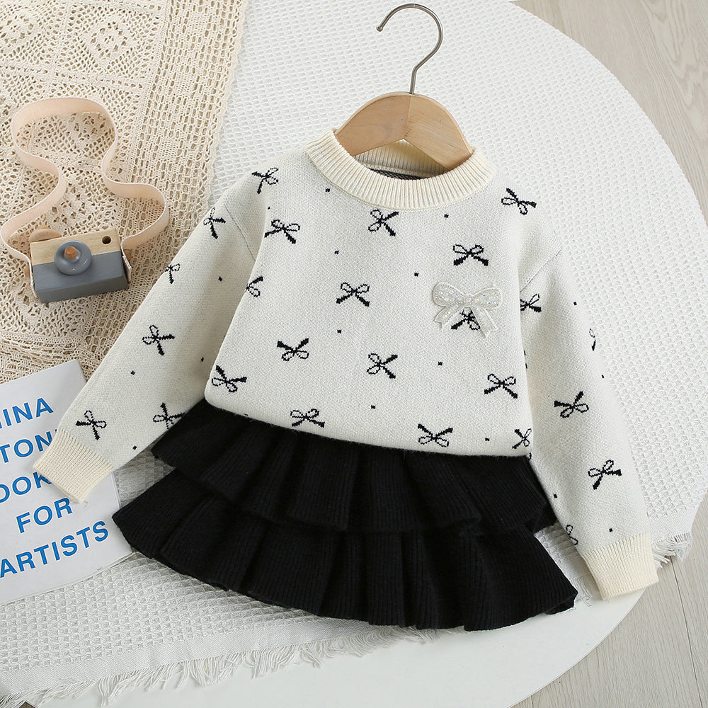 Girls knitted pullover bow sweater &cake skirt 2pcs set