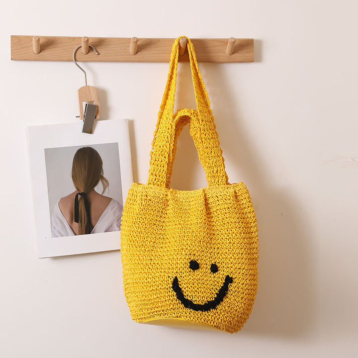 Smiley face one-shoulder cotton woven bag holiday beach bag