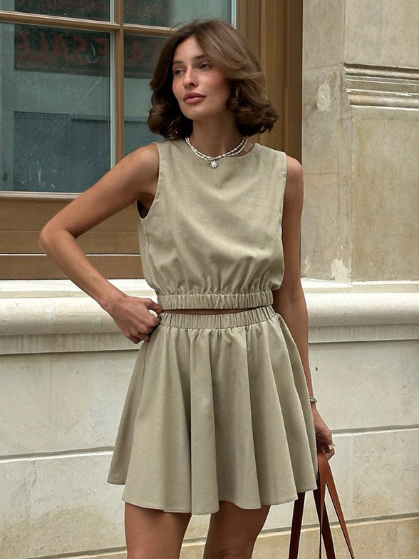 Round neck vest&pleated skirt casual suit for women