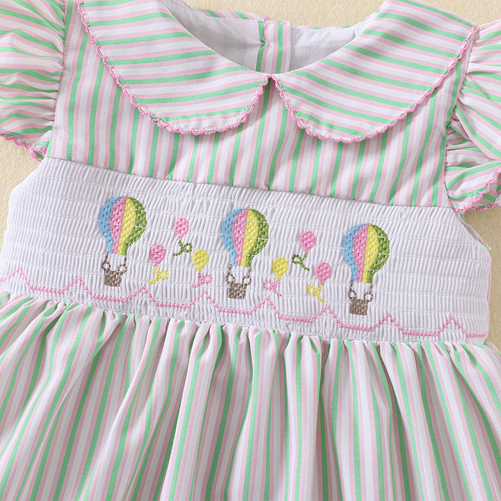 Pink&Green Striped smocked dress with Hot Air Balloon Embroidery