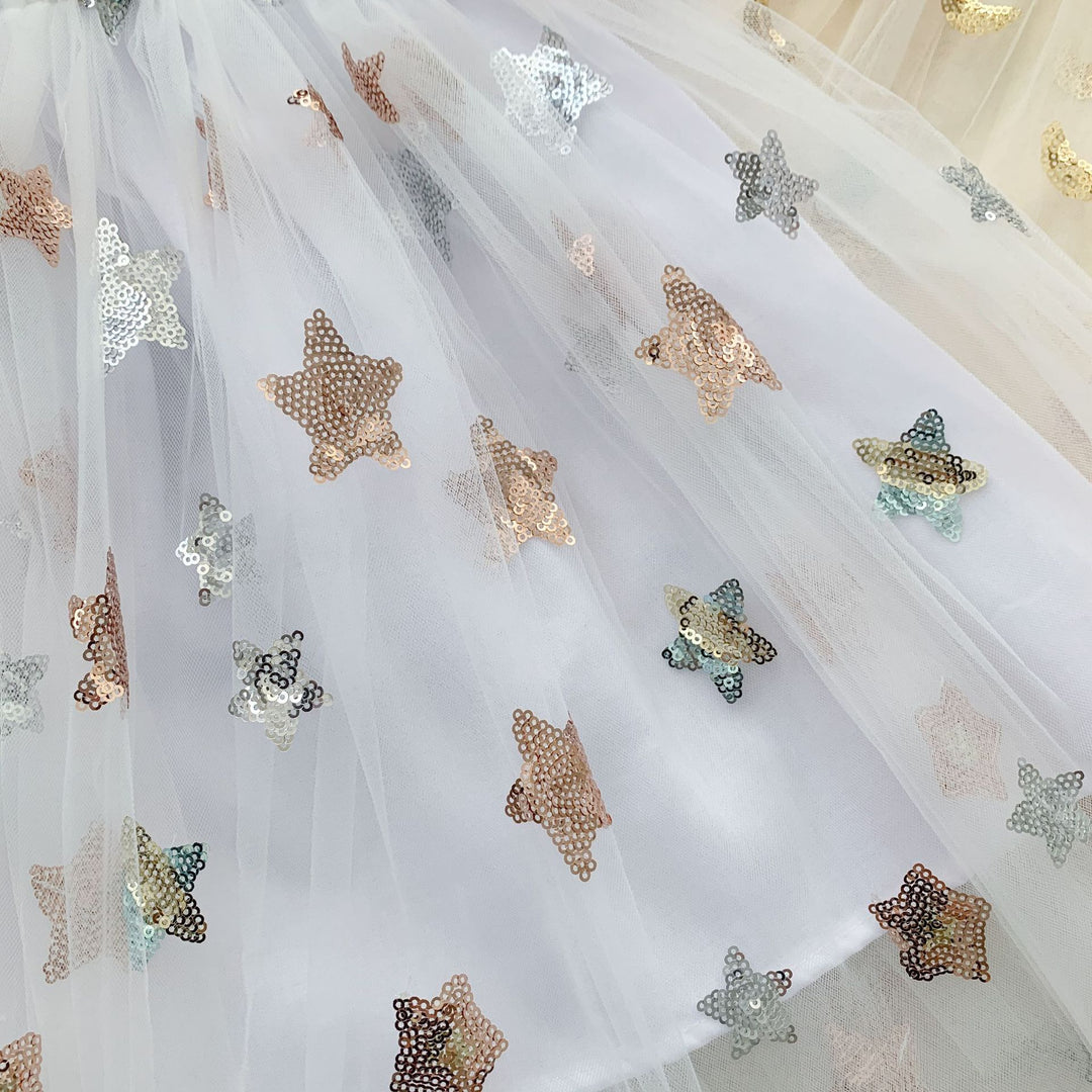 Girls Sequin star&moon embroidery mesh tutu dress