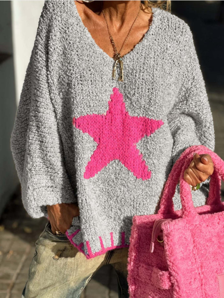 Hot Pink star loose V-neck knitted sweater