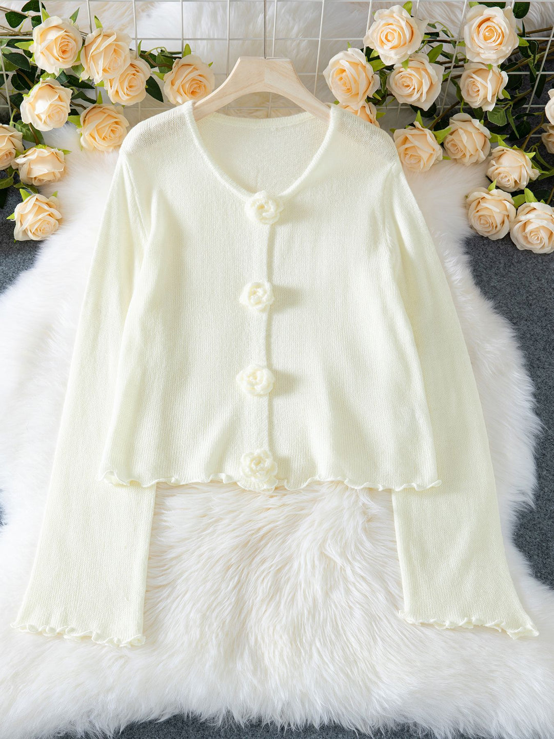 3D flower deco ruffled knitted sweater top for women
