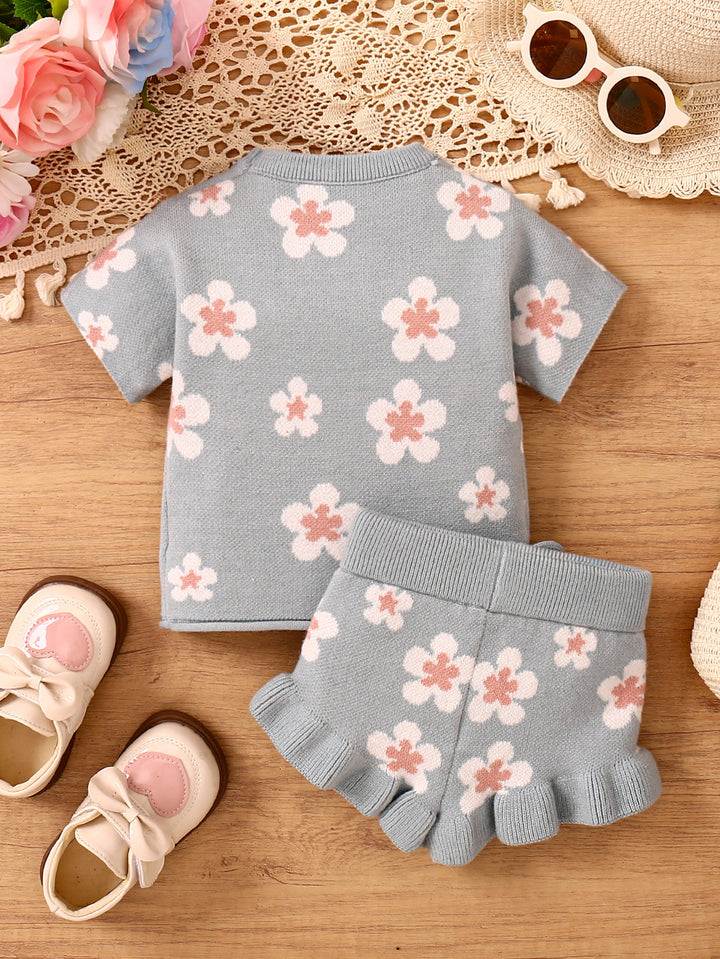 Baby girls Floral Jacquard short-sleeved knitted top&shorts set