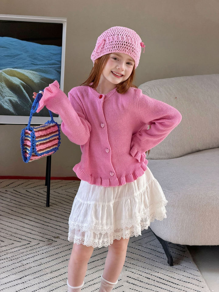 Girls' sweet pink knitted sweater cardigan