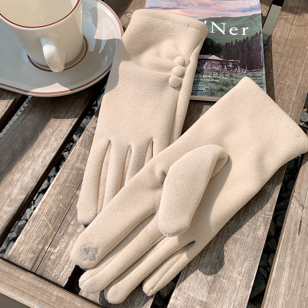 Solid color button design warm fleece lined gloves