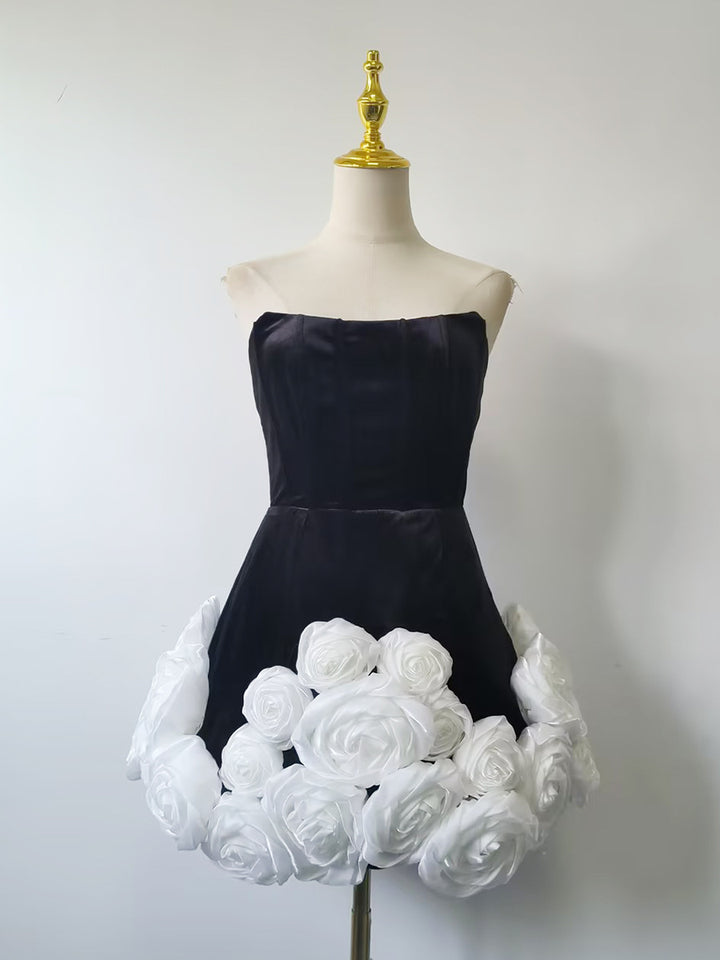 3D white rose flower hem tube top dress