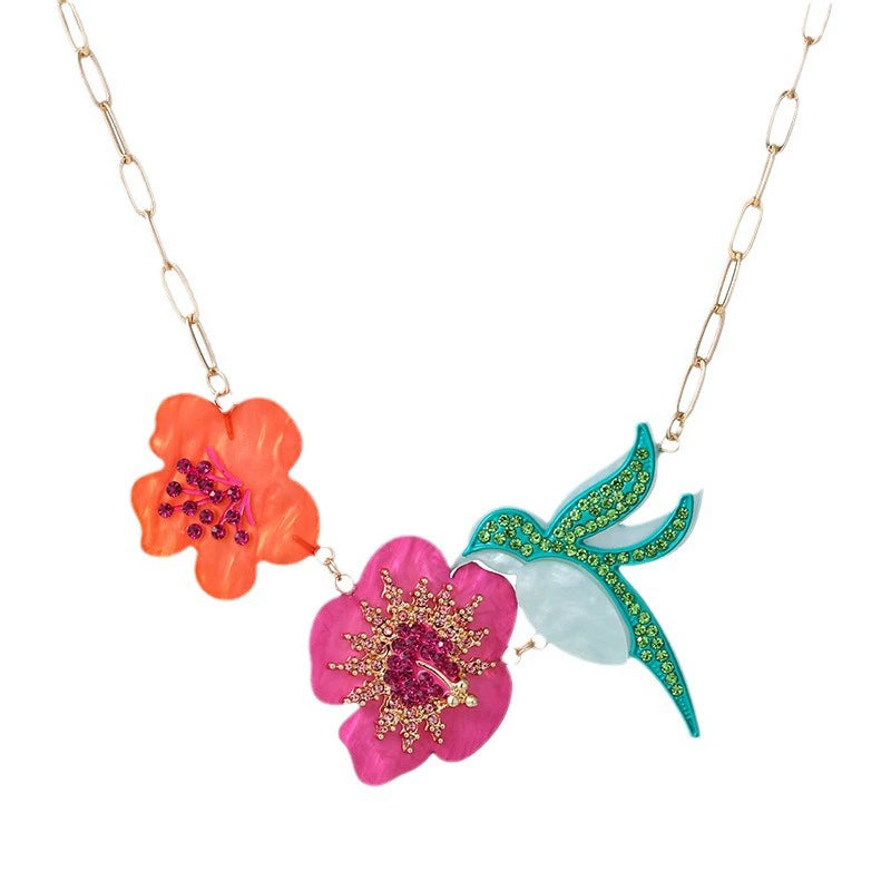 Spring &Summer Acrylic Flower Bird Diamond Necklace