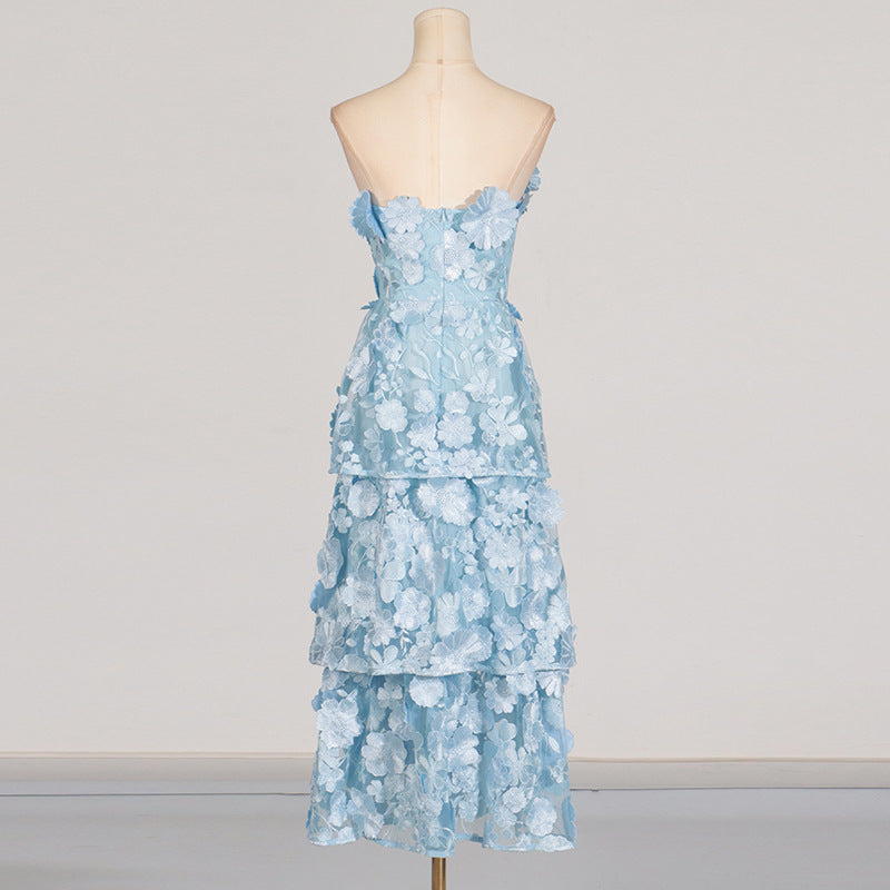 Tube top 3D stitching flower ruffle layered dress