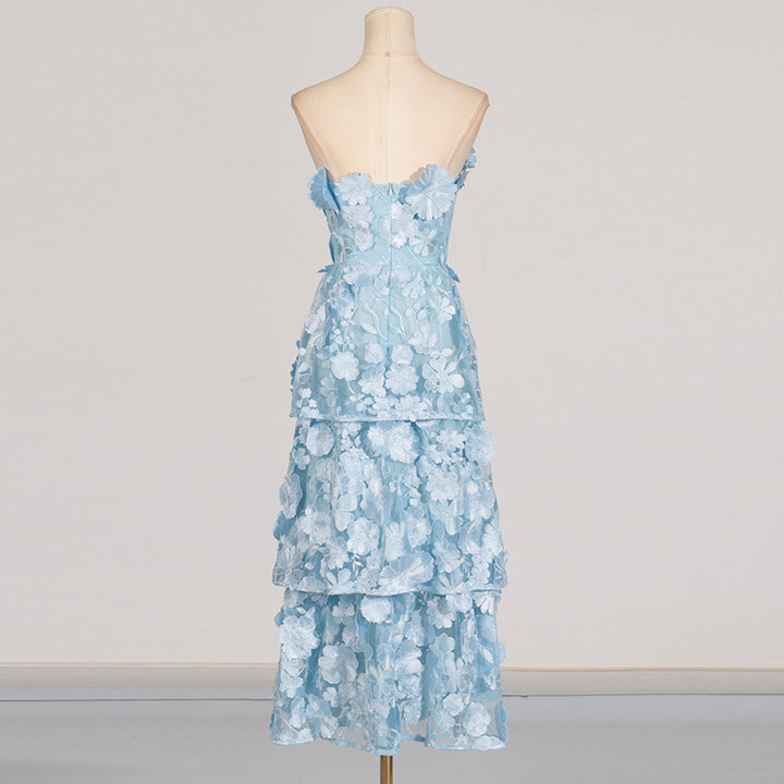 Tube top 3D stitching flower ruffle layered dress