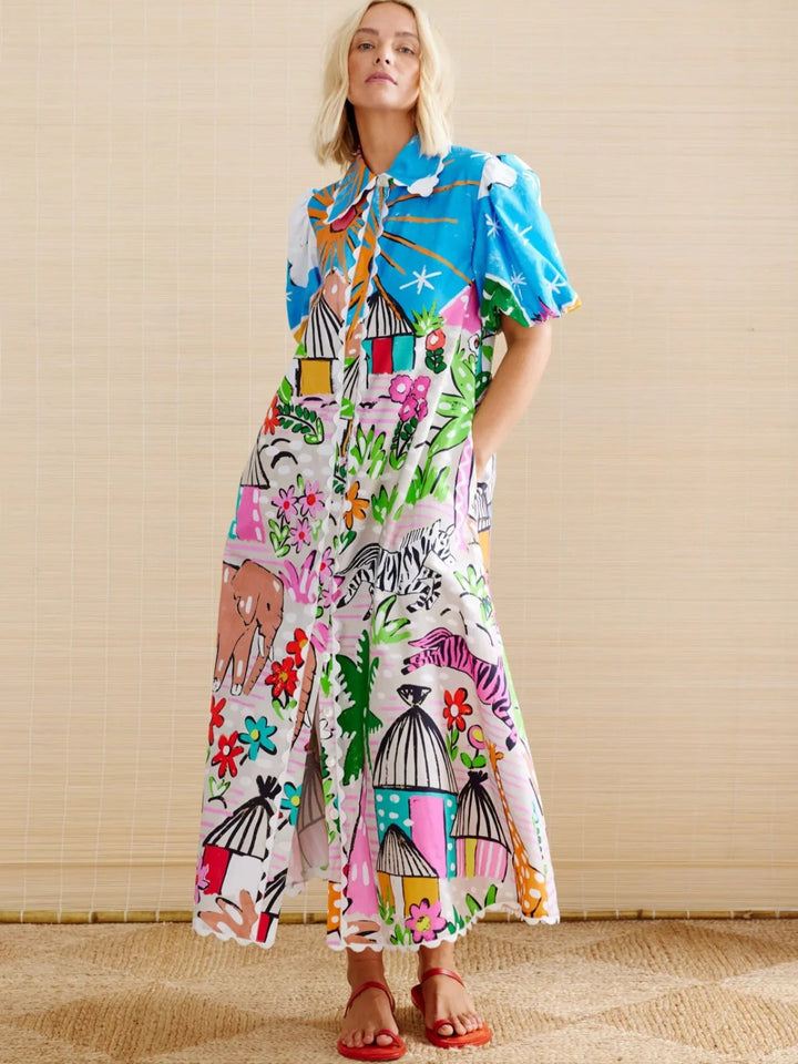 Unique Printed Wave Lace Puff Sleeves Loose Pocket Maxi Dress
