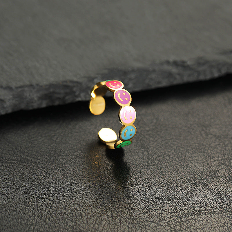 Colorful smiley flower adjustable titanium steel ring