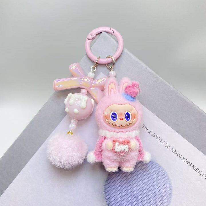 Cute monster love heart flocking keychain Valentine's gift