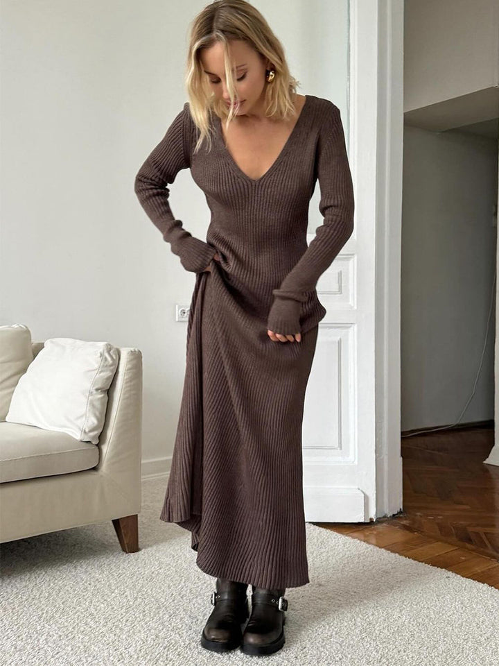 V-neck slim knitted maxi dress sweater dress