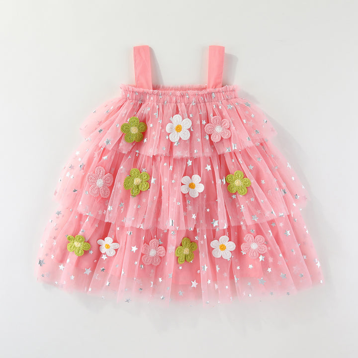 Girls suspender embroidered flower mesh tutu dress