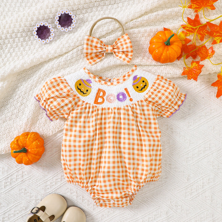 Halloween BOO Pumpkin Embroidery orange smocked Romper