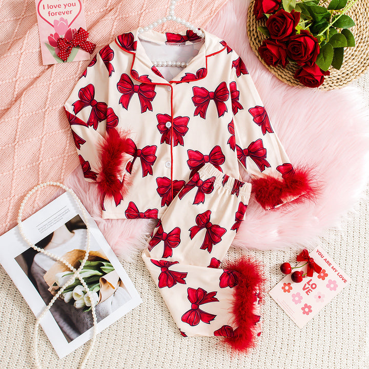 Christmas Bow print pajamas sleepwear set with feather deco