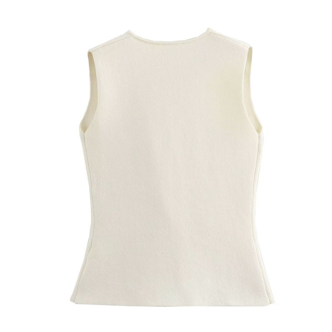 V-neck gold button knitted vest&pleated skirt
