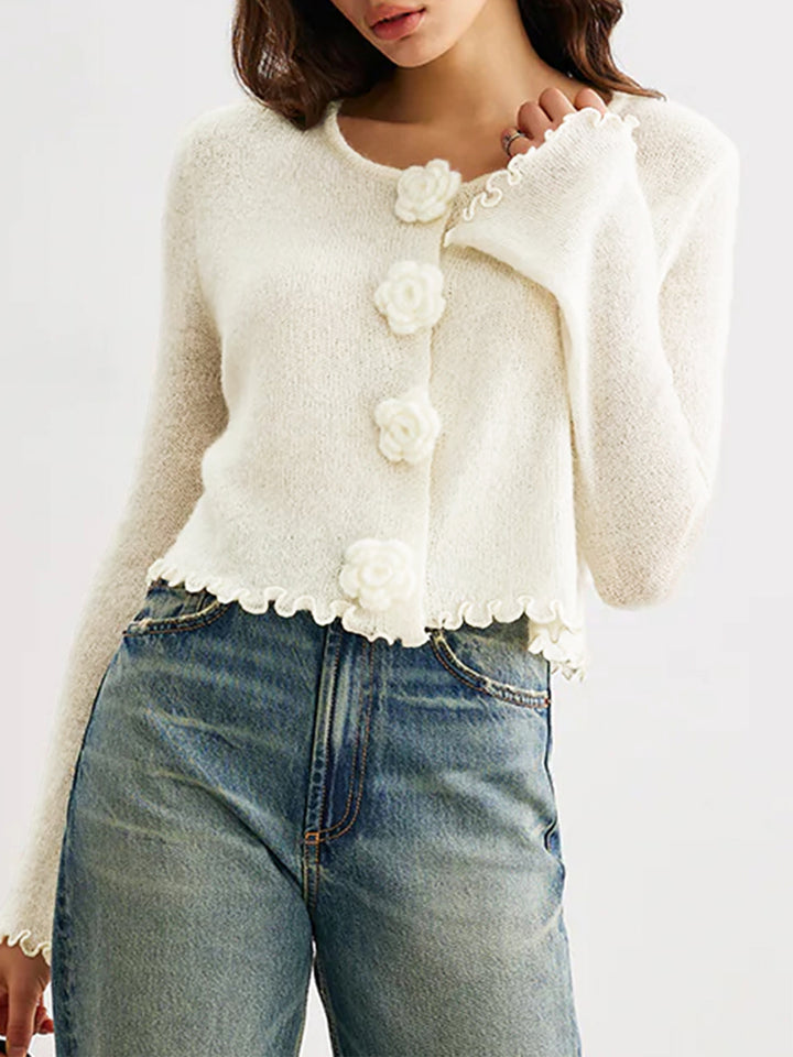 3D flower deco ruffled knitted sweater top for women