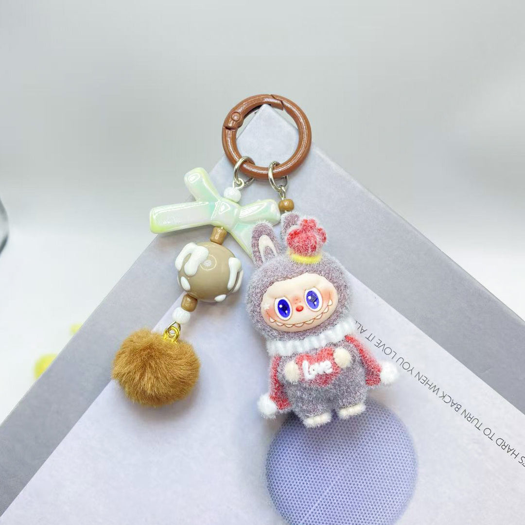 Cute monster love heart flocking keychain Valentine's gift