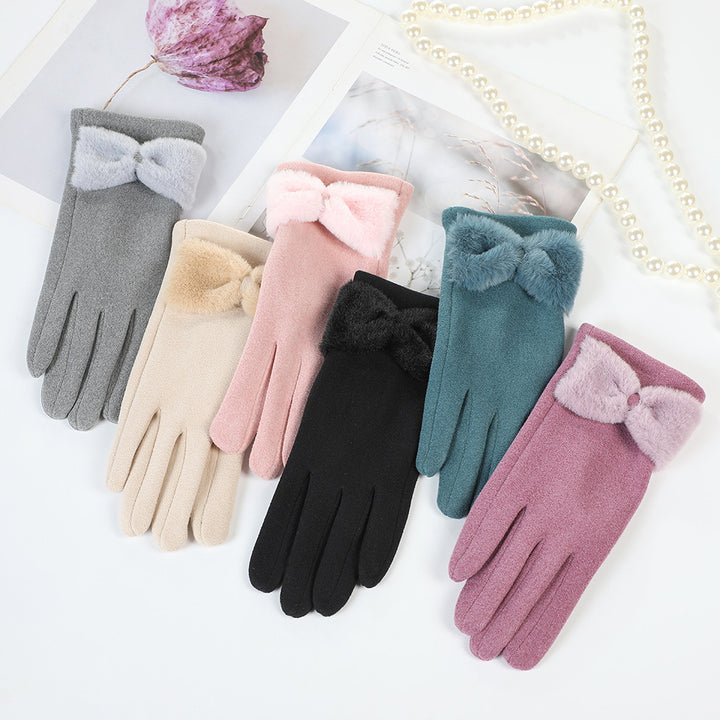 Women's winter gloves fleece-lined bow gloves