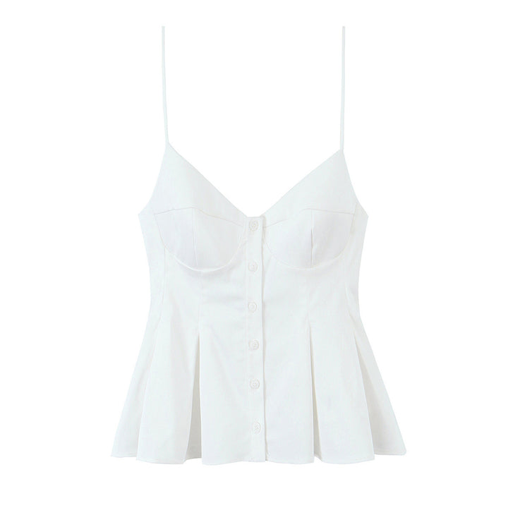 V-neck button-down striped pleated camisole top