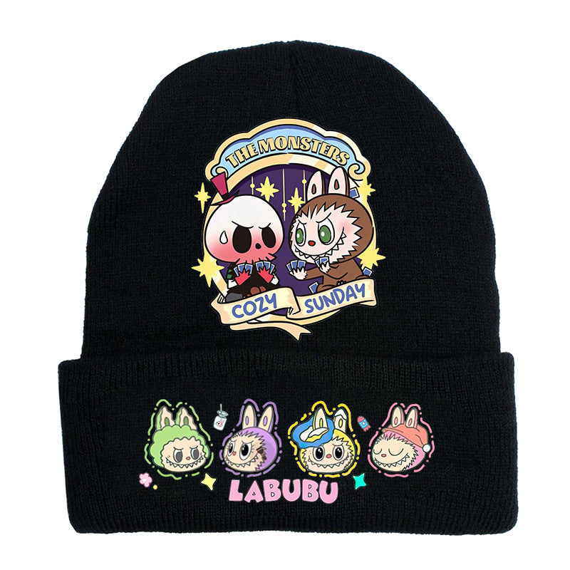 Cute monster printed knitted beanie hat-black