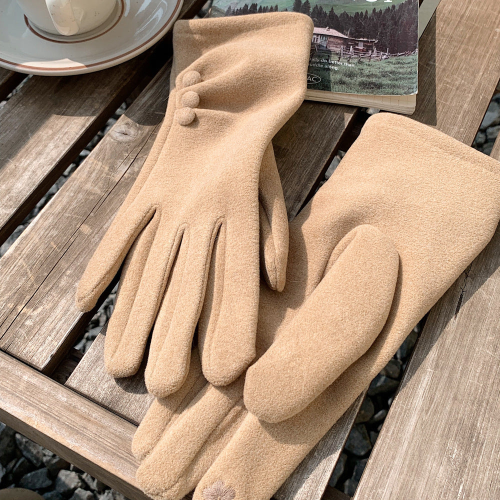Solid color button design warm fleece lined gloves