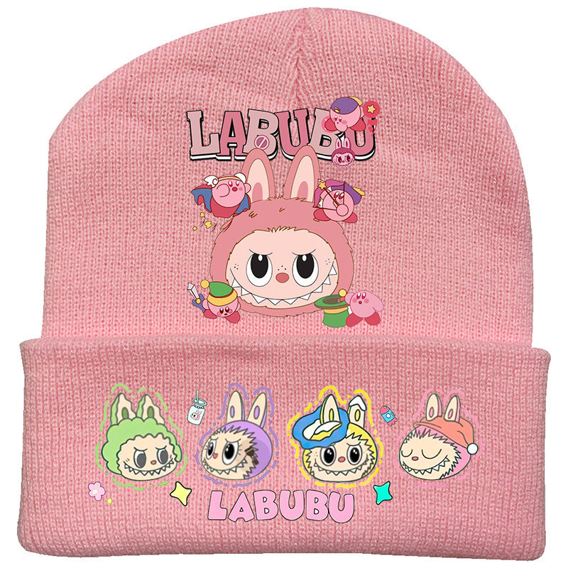 Cute monster printed knitted beanie hat-pink
